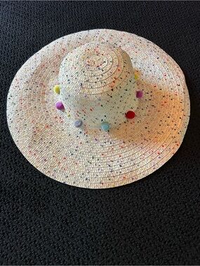 2 Chic White Straw Hat 👒 with Multicolor Confetti Colors and Pom Pom Trim